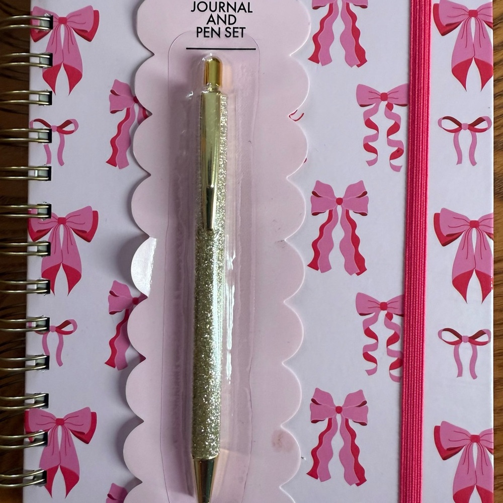 Pink Bow Journal and Glitter Pen Set with Flaw